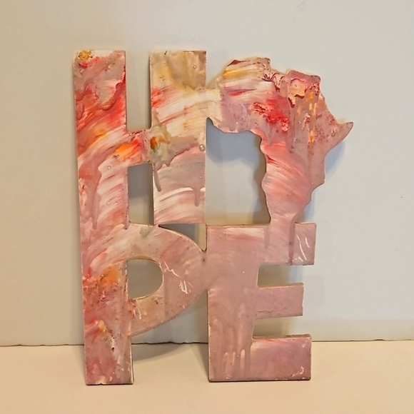 Hand Crafted HOPE Fluid Art on plywood 9" x 11" Upcycled wooden pink purple sign - Picture 4 of 17